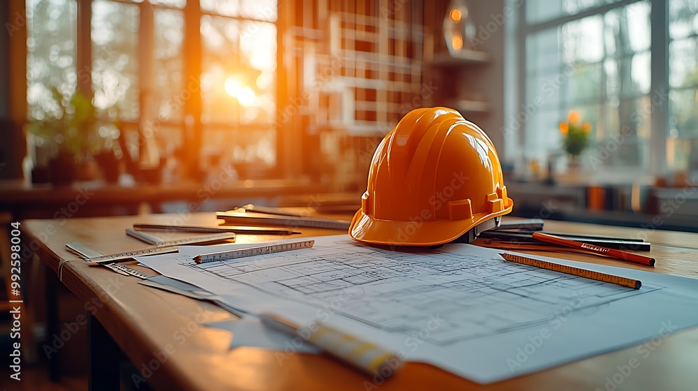 A professional workspace with a technical blueprint laid out, pencils and rulers scattered, and a hard hat sitting on top, illuminated by soft light, A professional workspace with a technical blueprint laid out, pencils and rulers scattered, and a hard hat sitting on top, illuminated by soft light,