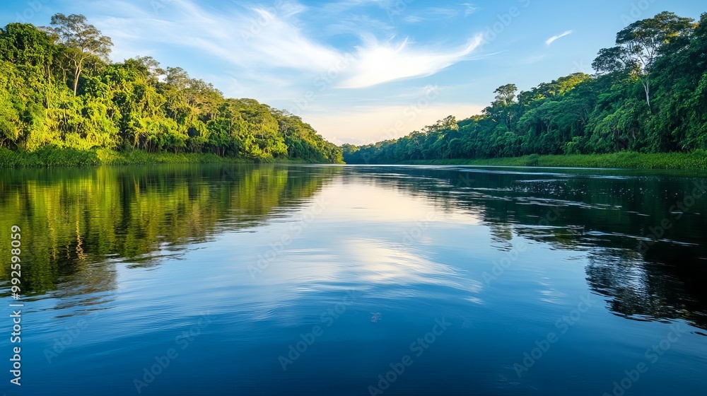 Pristine river reflecting the sky, surrounded by dense foliage, fish visible in the water, an untouched and peaceful habitat Pristine river reflecting the sky, surrounded by dense foliage, fish visible in the water, an untouched and peaceful habitat