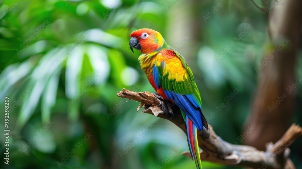 A colorful parrot perched on a branch in the jungle A colorful parrot perched on a branch in the jungle