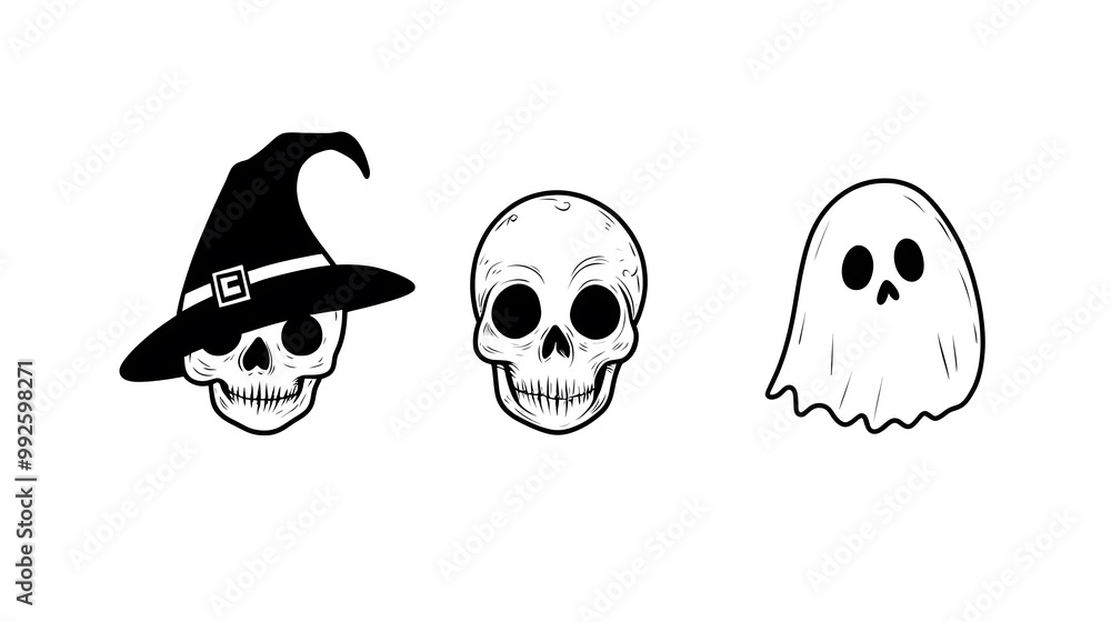 Fototapeta premium Simplified Halloween Symbols Featuring a Skull, Witch Hat, Crescent Moon, and Ghost with Clean Lines in Monochrome Design on a White Background. Ideal for Spooky Celebrations and Seasonal Decor