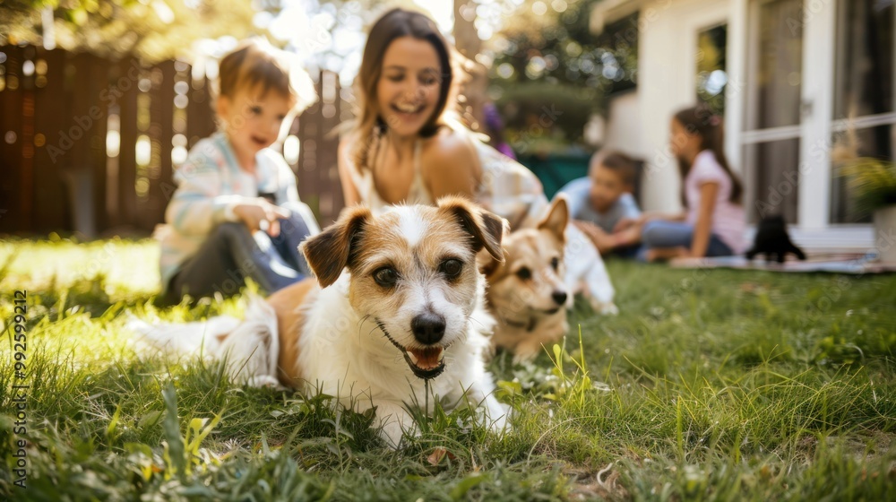 A family playing with their pets in the backyard A family playing with their pets in the backyard