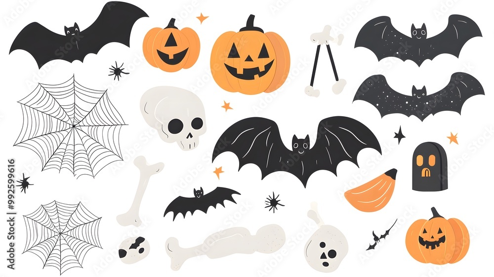 Fototapeta premium Vector Halloween Elements Including Bats, Spider Webs, Pumpkins, and Bones in a Flat Style with Simple Design Isolated on White Background. Perfect for Seasonal Decor and Festive Celebrations