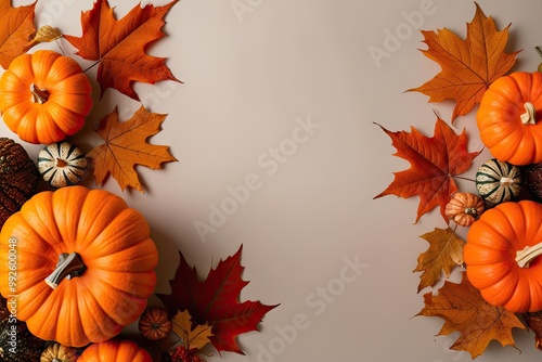 Seasonal Backdrop of Bright Orange Pumpkins with Crisp Autumn Leaves on a Soft Base