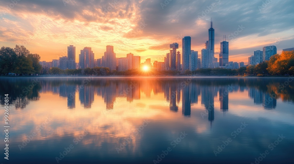 Fototapeta premium A city skyline reflecting on a tranquil lake during sunset, creating a peaceful and harmonious scene.