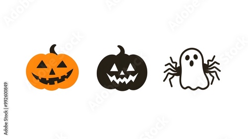 Minimal Halloween Icons Featuring Pumpkins, Spiders, and Ghosts in a Modern and Clean Design with Black and Orange Colors on a White Background. Perfect for Seasonal Decor and Celebrations