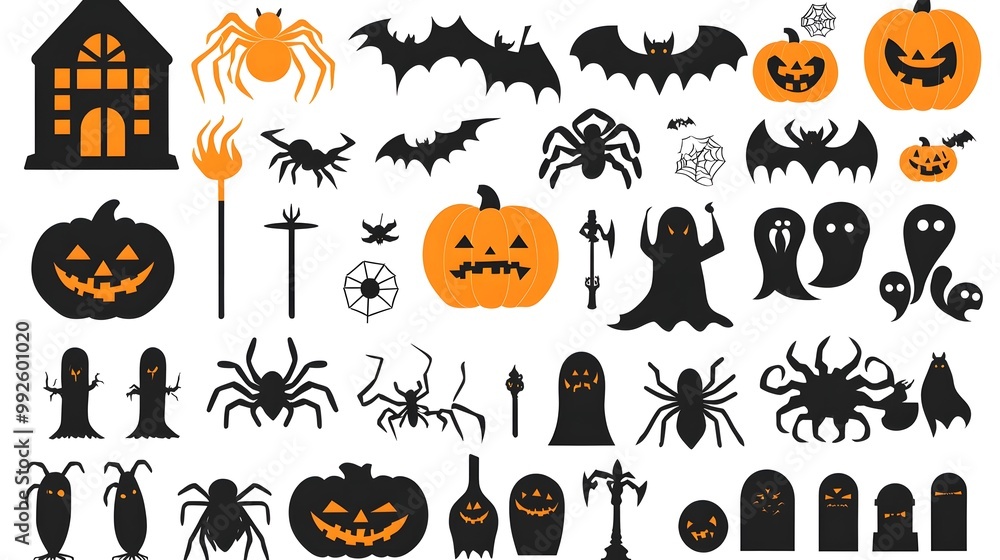 Fototapeta premium Minimal Halloween Icons Featuring Pumpkins, Spiders, and Ghosts in a Modern and Clean Design with Black and Orange Colors on a White Background. Perfect for Seasonal Decor and Celebrations
