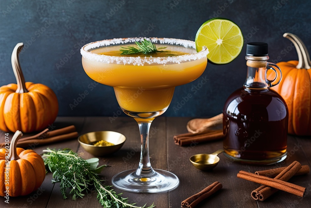 Fototapeta premium Spiced Pumpkin Margarita with Maple Syrup and Fresh Herbs for Fall Cocktails