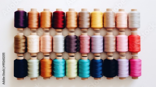 A neat arrangement of colorful thread spools is lined up against a white background, displaying a vibrant and aesthetically pleasing spectrum.