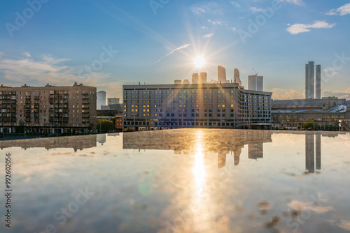 Photography View of Berezhkovskaya Embankment in Moscow with reflection on a mirror stone su