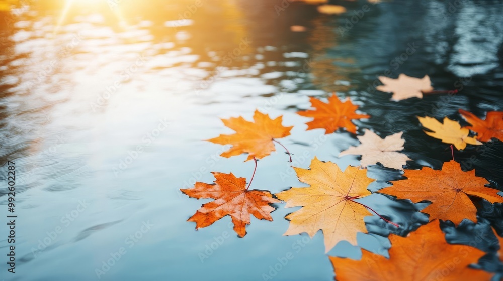 River habitat with bright autumn leaves floating on the water, sunlight filtering through branches, a picturesque natural scene River habitat with bright autumn leaves floating on the water, sunlight filtering through branches, a picturesque natural scene