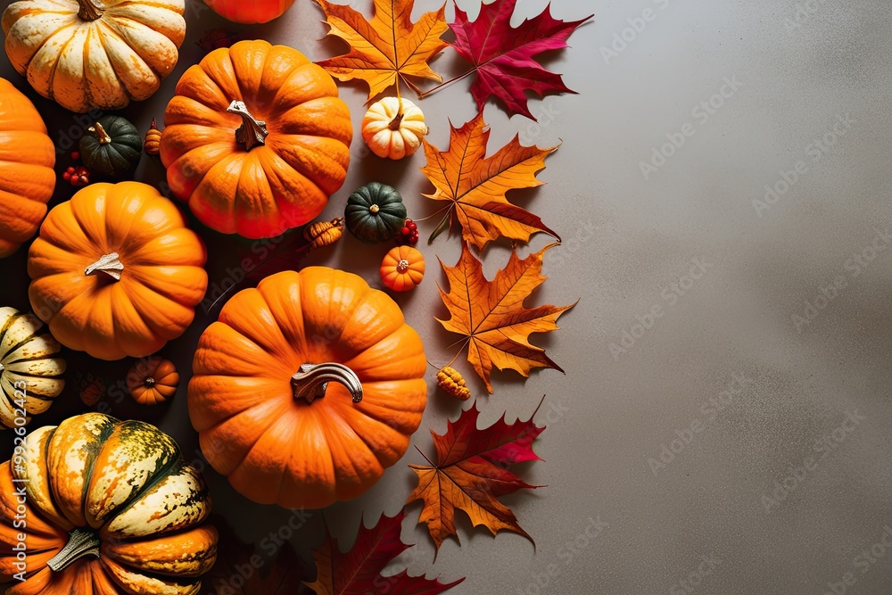 Vibrant Fall Arrangement of Bright Orange Pumpkins and Colorful Autumn Leaves on a Neat Surface Vibrant Fall Arrangement of Bright Orange Pumpkins and Colorful Autumn Leaves on a Neat Surface