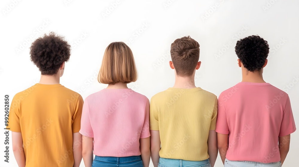 A group of four individuals stands with their backs to the viewer, each wearing colorful, casual shirts against a plain backdrop. A group of four individuals stands with their backs to the viewer, each wearing colorful, casual shirts against a plain backdrop.