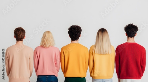 A group of five people stands side by side, viewed from behind, wearing colorful sweaters against a plain background.