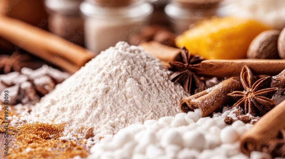 A close-up of raw materials used in baking, including flour, sugar, and spices, promoting culinary arts.3 A close-up of raw materials used in baking, including flour, sugar, and spices, promoting culinary arts.3