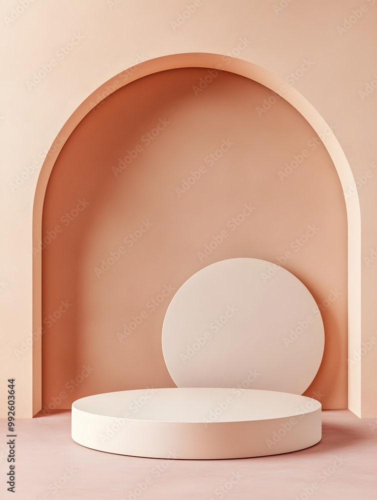 Fototapeta premium Soft pastel backdrop featuring a curved arch with circular forms, creating a minimalist and modern style aesthetic.