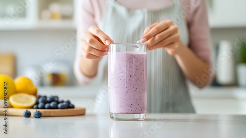 A person prepares a refreshing purple smoothie in a kitchen, surrounded by fresh ingredients like blueberries and lemon.