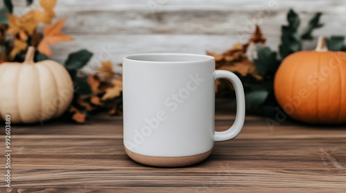 A simple white mug with a textured base, surrounded by autumn leaves and pumpkins, set against a rustic wood background.