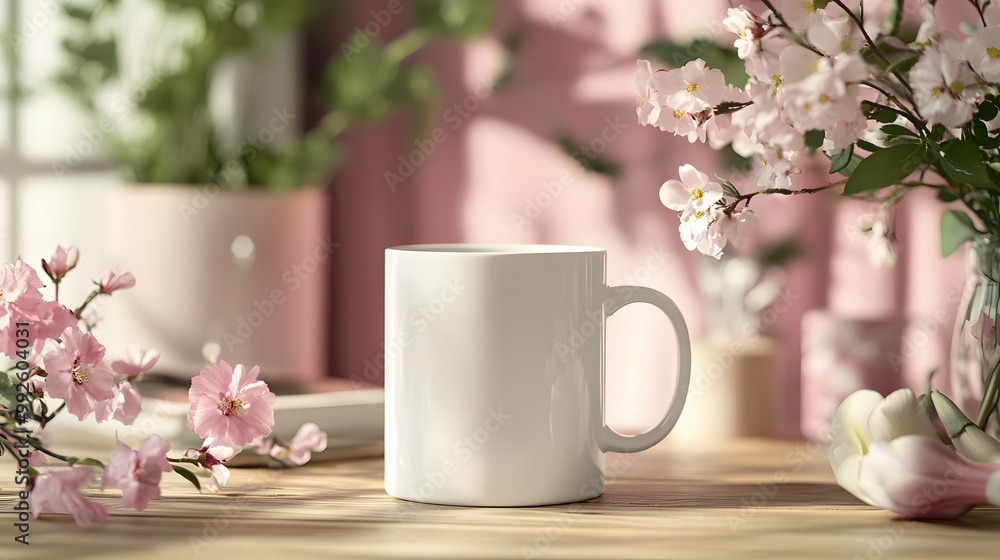 A serene scene featuring a blank white mug amidst delicate pink flowers, set on a warm wooden table, enhancing a cozy atmosphere. A serene scene featuring a blank white mug amidst delicate pink flowers, set on a warm wooden table, enhancing a cozy atmosphere.