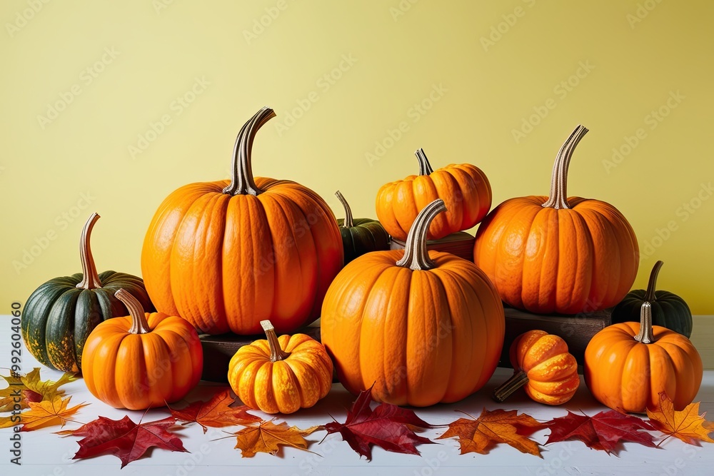Vibrant Fall Setting Showcasing Lush Orange Pumpkins and Scattered Leaves on a Bright Background Vibrant Fall Setting Showcasing Lush Orange Pumpkins and Scattered Leaves on a Bright Background