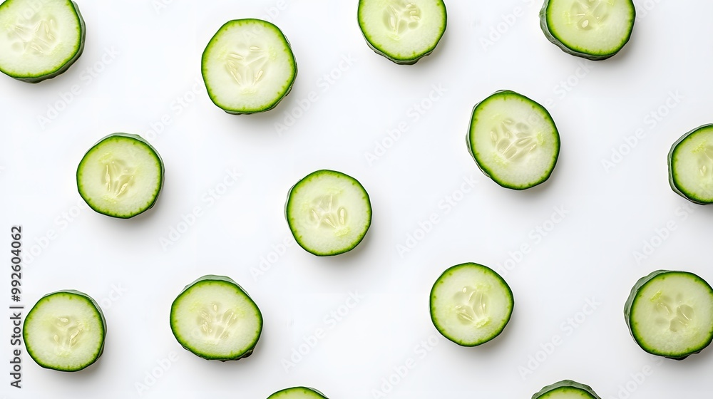 Freshly cut cucumber slices on a minimalistic white background Freshly cut cucumber slices on a minimalistic white background