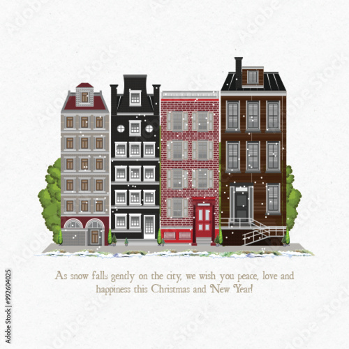 Holiday season in the city with snowy buildings and winter design. Cozy town in a flat style. Christmas card, poster, banner in vector. Vintage front door illustration.