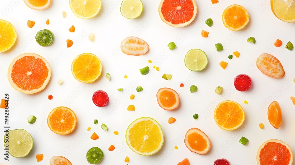 Fresh and colorful fruit slices scattered on a white surface Fresh and colorful fruit slices scattered on a white surface