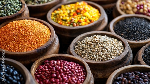 A colorful display of grains, legumes, and seeds in wooden bowls, showcasing healthy food options.