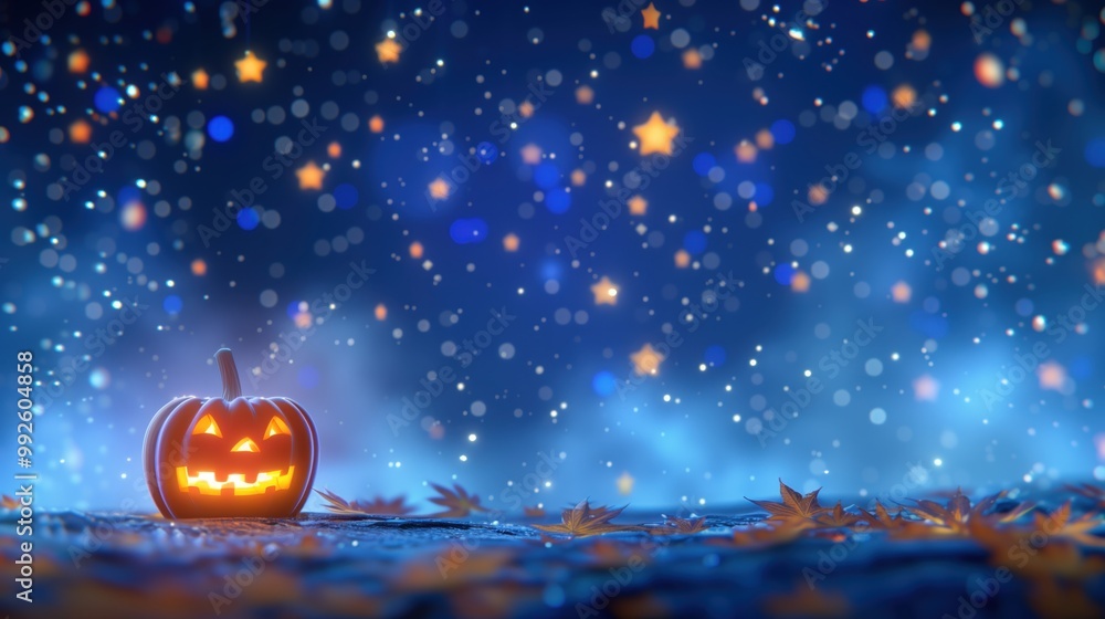 Fototapeta premium A spooky pumpkin glows in the night with copy space, surrounded by falling leaves and stars, perfect for Halloween-themed projects.