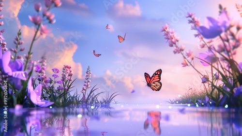 A serene landscape with colorful butterflies fluttering over blooming flowers and a reflective water surface under a vibrant sky.