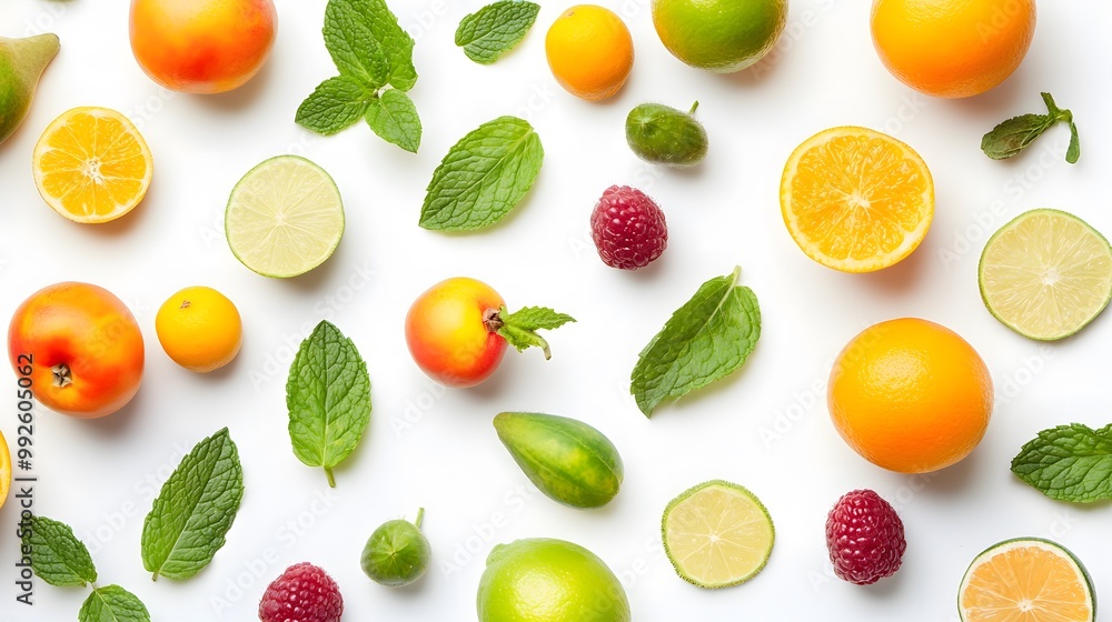 Bright tropical fruits and mint leaves on a clean white backdrop Bright tropical fruits and mint leaves on a clean white backdrop