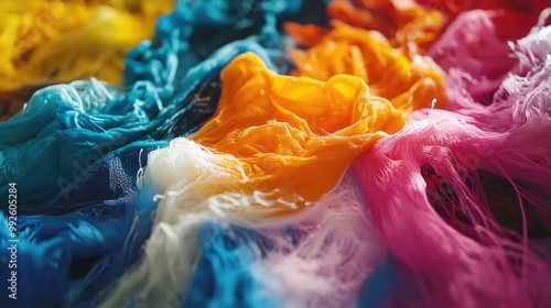 A detailed shot of a fabric dyeing process, showcasing materials and vibrant colors in action.