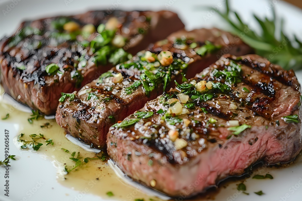 A close-up shot of perfectly grilled steaks, showcasing the marbling and rich color, served on an elegant white plate with drizzles of olive oil and herbs. A close-up shot of perfectly grilled steaks, showcasing the marbling and rich color, served on an elegant white plate with drizzles of olive oil and herbs.