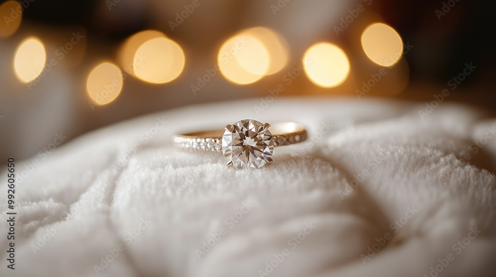 Obraz premium A diamond engagement ring on a white velvet cushion with soft lighting and a blurred background.