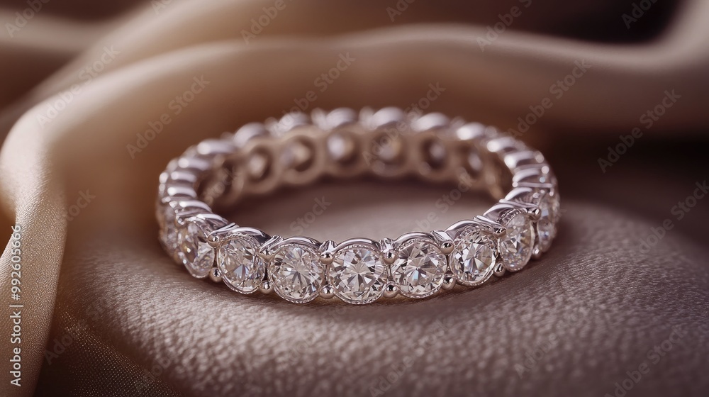A diamond eternity band, resting on a soft velvet surface, with intricate details of the diamonds in focus. A diamond eternity band, resting on a soft velvet surface, with intricate details of the diamonds in focus.