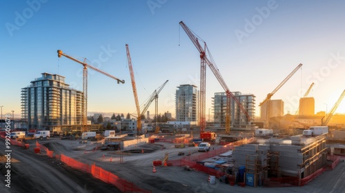 Early morning light casts a warm glow over a bustling construction site, with towering cranes and rising buildings framing the skyline.