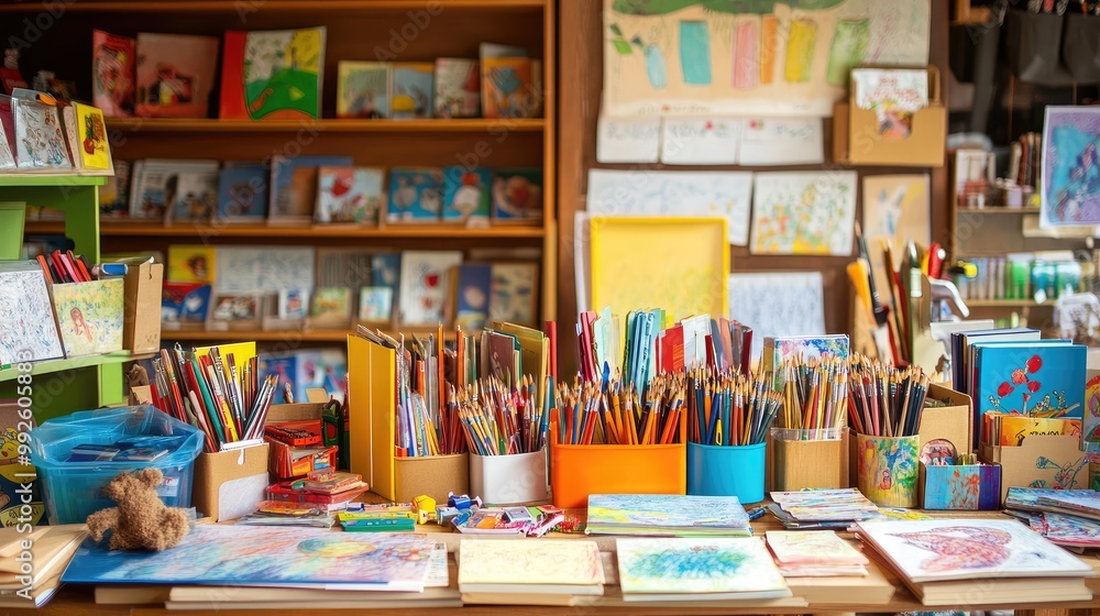 Obraz premium A display of educational materials for children, including books, art supplies, and learning tools