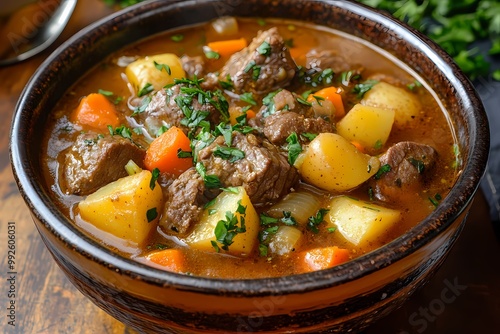 A bowl of beef and potato soup, a traditional Irish dish, with meat, potatoes, carrots, and herbs in a rich brown sauce.