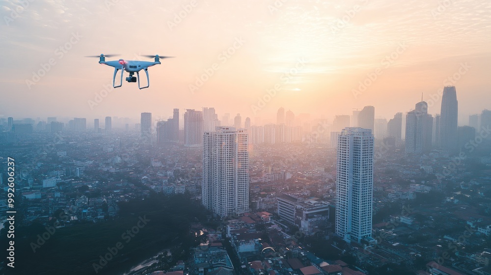 A drone flying over a bustling city, capturing the energy and vibrancy of urban life from above. A drone flying over a bustling city, capturing the energy and vibrancy of urban life from above.