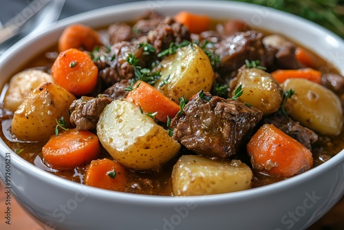 A bowl of traditional Irish stitable with potatoes, carrots and beef meat.