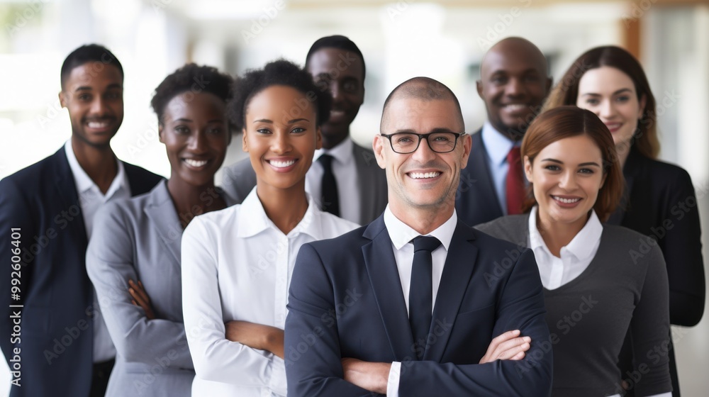 A diverse team of professionals poses confidently, smiling bright, embodying unity and teamwork in a modern office environment. A diverse team of professionals poses confidently, smiling bright, embodying unity and teamwork in a modern office environment.