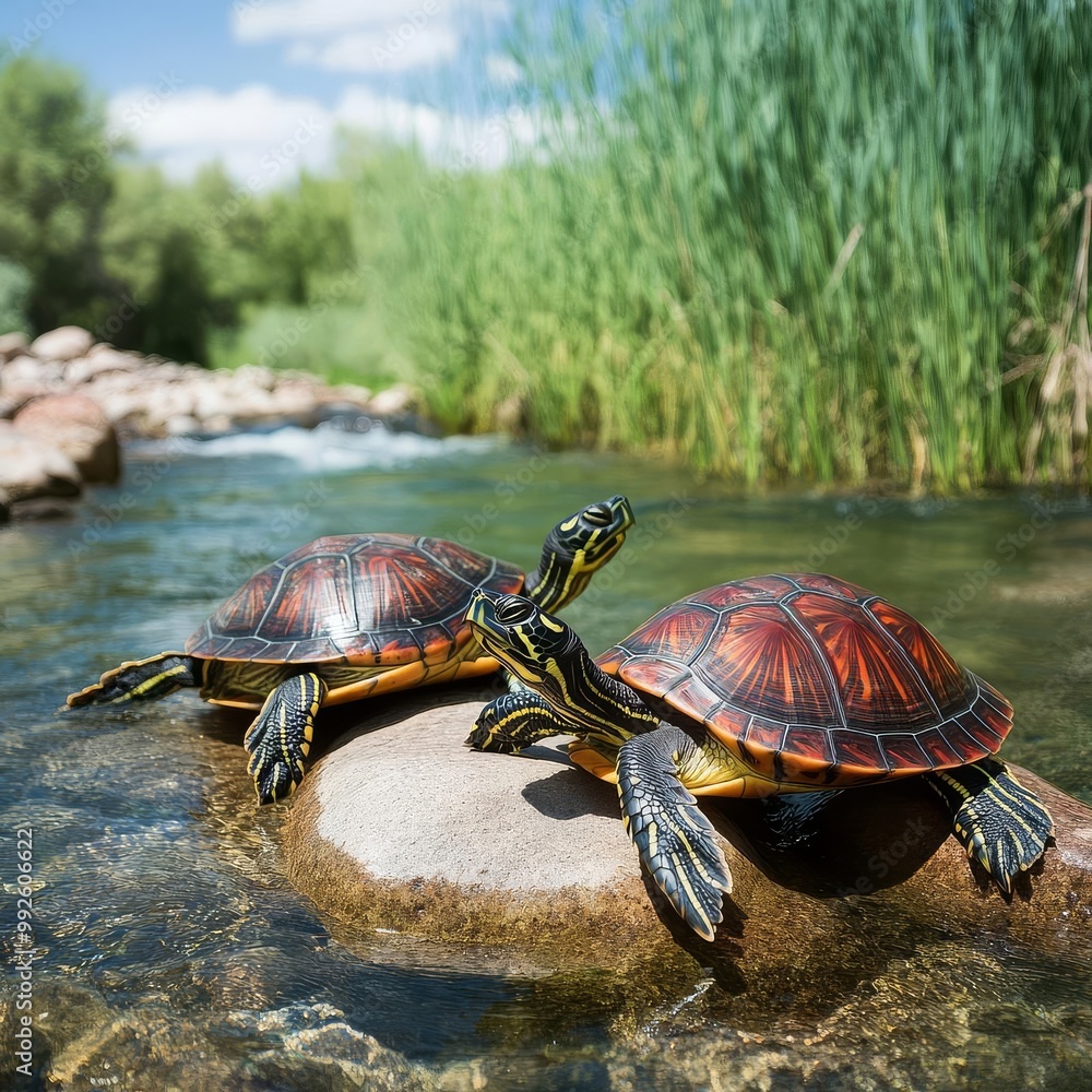 Obraz premium Turtles basking on rocks in a clear river, surrounded by tall grasses, water gently flowing, a serene and natural setting