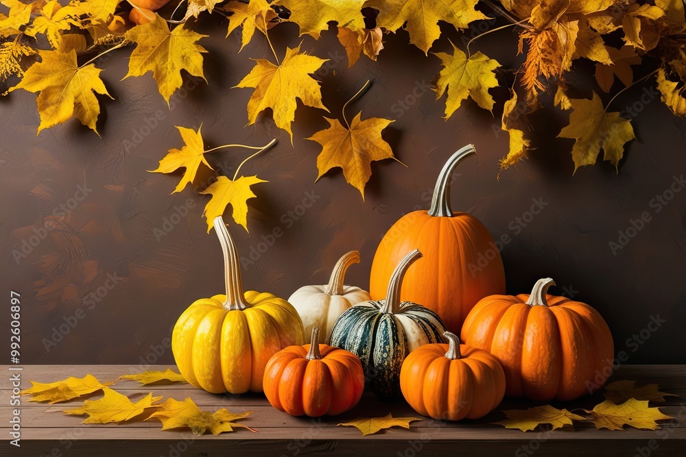 Serene Fall Setting with Golden Leaves and Plump Gourds on Earth-Toned Background Serene Fall Setting with Golden Leaves and Plump Gourds on Earth-Toned Background