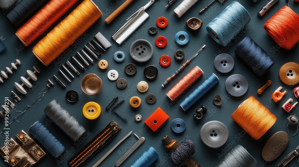 A flat lay of sewing materials, including thread, buttons, and fabric pieces, perfect for DIY enthusiasts. A flat lay of sewing materials, including thread, buttons, and fabric pieces, perfect for DIY enthusiasts.