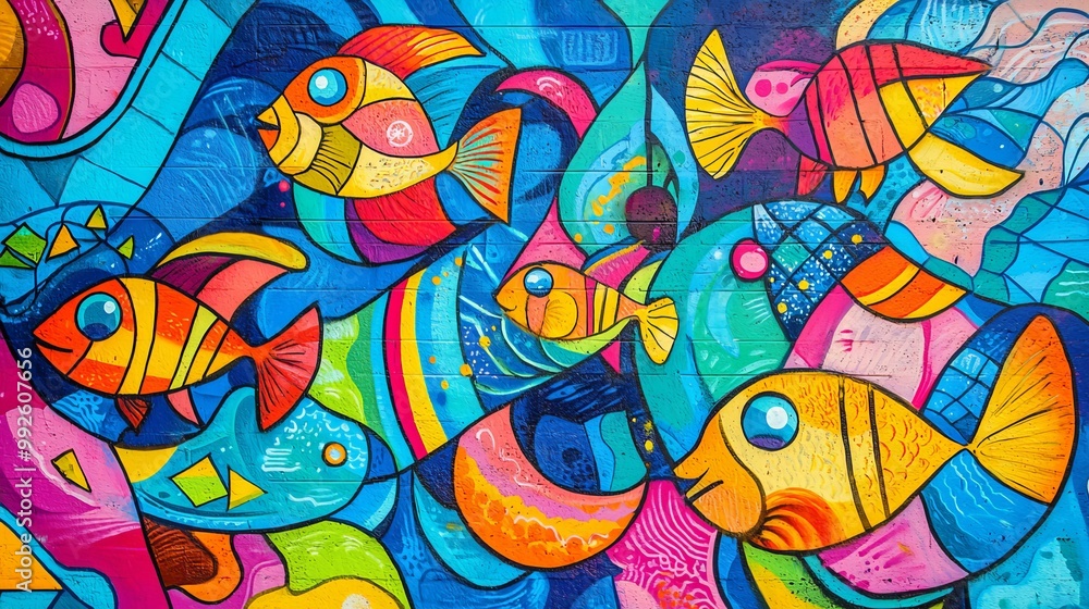 Fototapeta premium Graffiti wall with sea creatures, vibrant street art featuring colorful fish