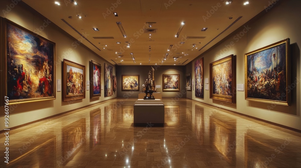 A grand art gallery with massive paintings and sculptures displayed under soft lighting. A grand art gallery with massive paintings and sculptures displayed under soft lighting.