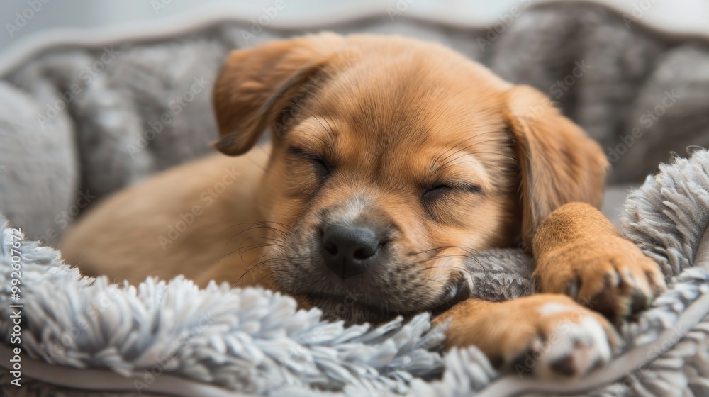 A puppy sleeping in a cozy bed A puppy sleeping in a cozy bed