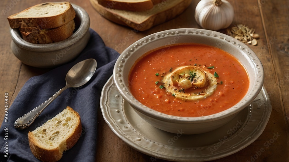 a bowl of tomato soup with garlic bread a bowl of tomato soup with garlic bread