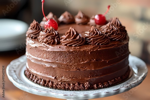 An inviting photograph of an elegant chocolate cake, adorned with rich frosting and maraschino cherries on top photo