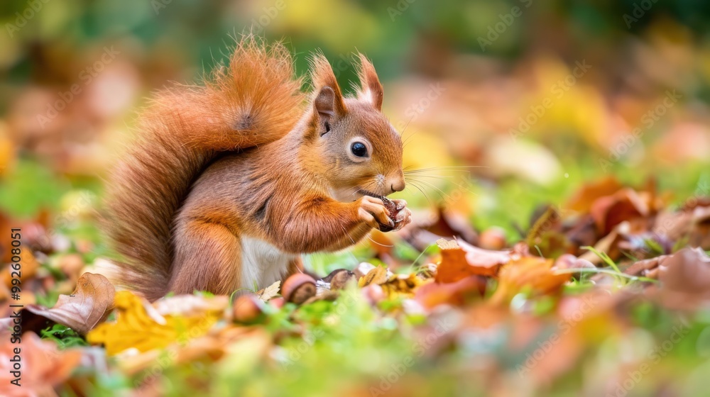 A red squirrel munching on an acorn A red squirrel munching on an acorn