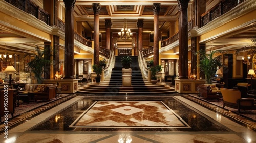 A grand hotel lobby with marble floors, towering ceilings, and an opulent staircase. photo